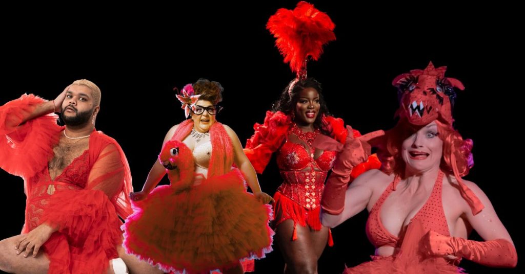four fab burlesque performers of difference ages, genders and races all dressed in red sparkly outfits